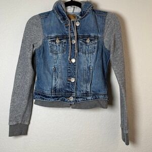 American Eagle Denim Jean Jacket Hoodie Gray Knit Sleeves Womens XS